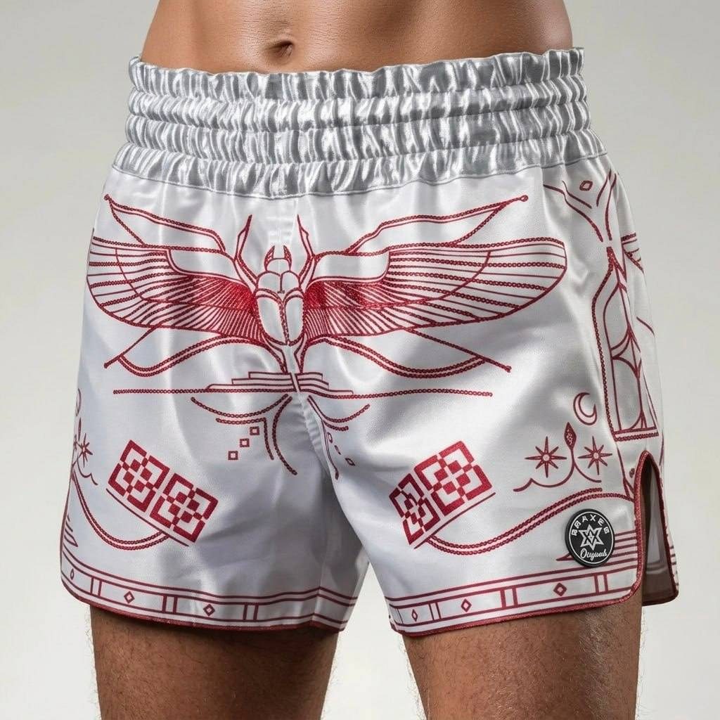 Customisable Egyptian warrior Muay Thai shorts template. Fully sublimated, handcrafted Thai fightwear designed for comfort, airflow, and precision movement.